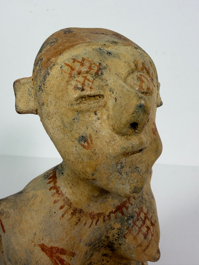 Antique Pre Columbian Jalisco Ameca Style Seated Pregnant Female Terracotta Figurine With Body Paint Ornamentation And Open Crown Aperture 9'H [Photo 3]