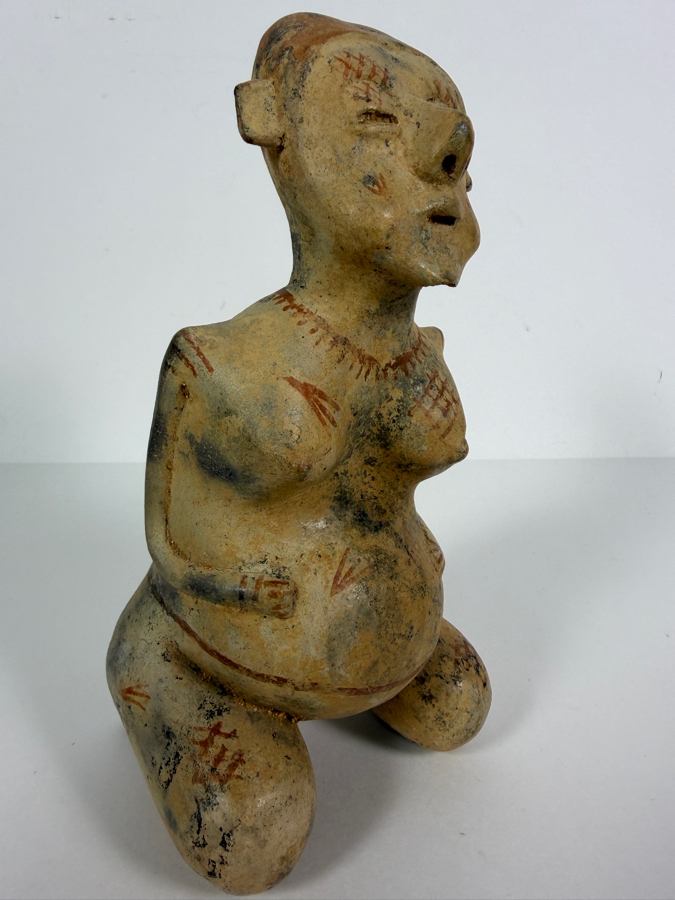 Antique Pre Columbian Jalisco Ameca Style Seated Pregnant Female Terracotta Figurine With Body Paint Ornamentation And Open Crown Aperture 9'H [Photo 2]