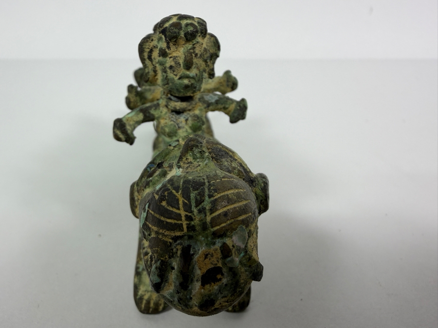 Old Bronze Artifact Sculpture with Multi-Figures Mounting a Mythical Leopard Creature 7W X 2.75H Heavy Weighs 706.1g [Photo 8]