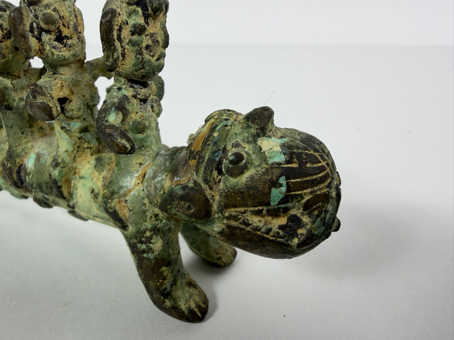Old Bronze Artifact Sculpture with Multi-Figures Mounting a Mythical Leopard Creature 7W X 2.75H Heavy Weighs 706.1g [Photo 5]