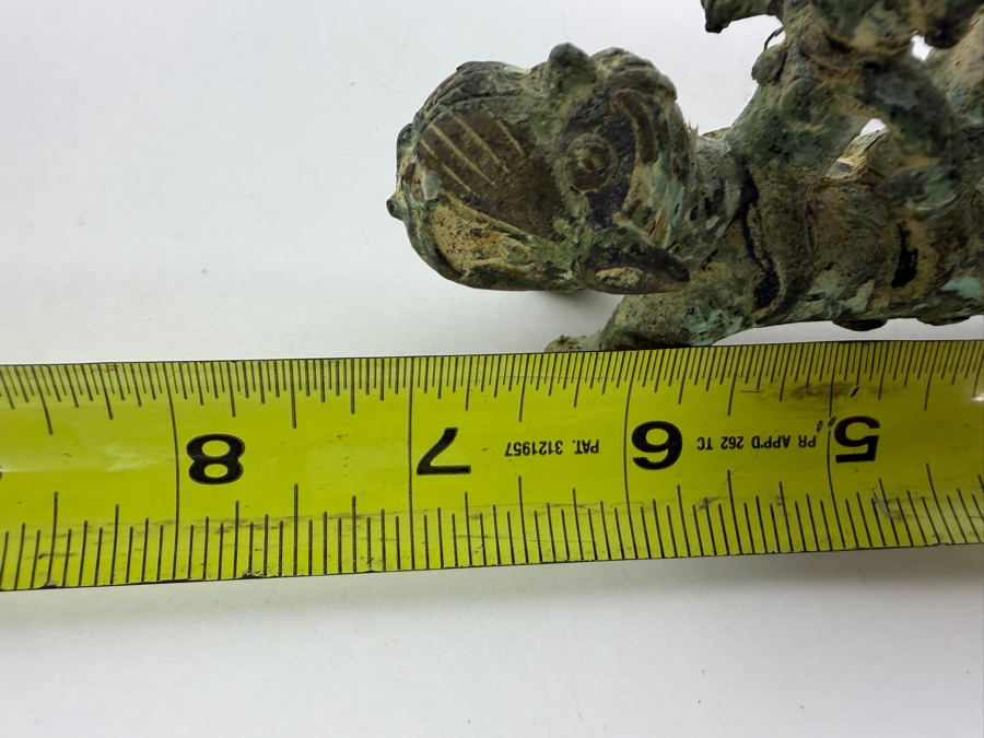Old Bronze Artifact Sculpture with Multi-Figures Mounting a Mythical Leopard Creature 7W X 2.75H Heavy Weighs 706.1g [Photo 17]