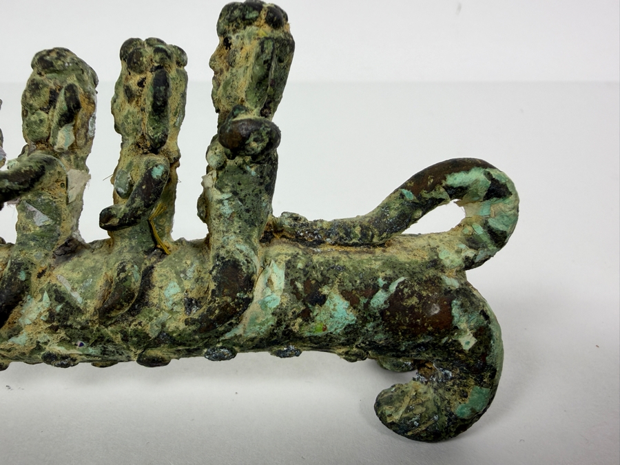 Old Bronze Artifact Sculpture with Multi-Figures Mounting a Mythical Leopard Creature 7W X 2.75H Heavy Weighs 706.1g [Photo 11]