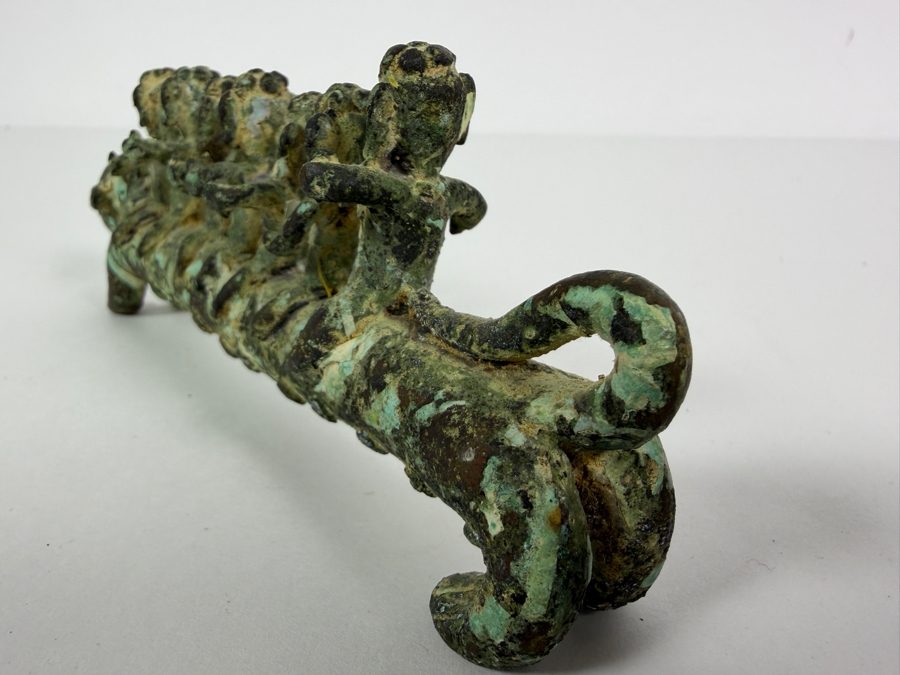 Old Bronze Artifact Sculpture with Multi-Figures Mounting a Mythical Leopard Creature 7W X 2.75H Heavy Weighs 706.1g [Photo 12]