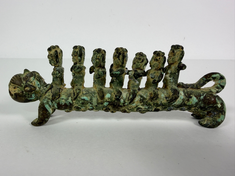 Old Bronze Artifact Sculpture with Multi-Figures Mounting a Mythical Leopard Creature 7W X 2.75H Heavy Weighs 706.1g [Photo 10]