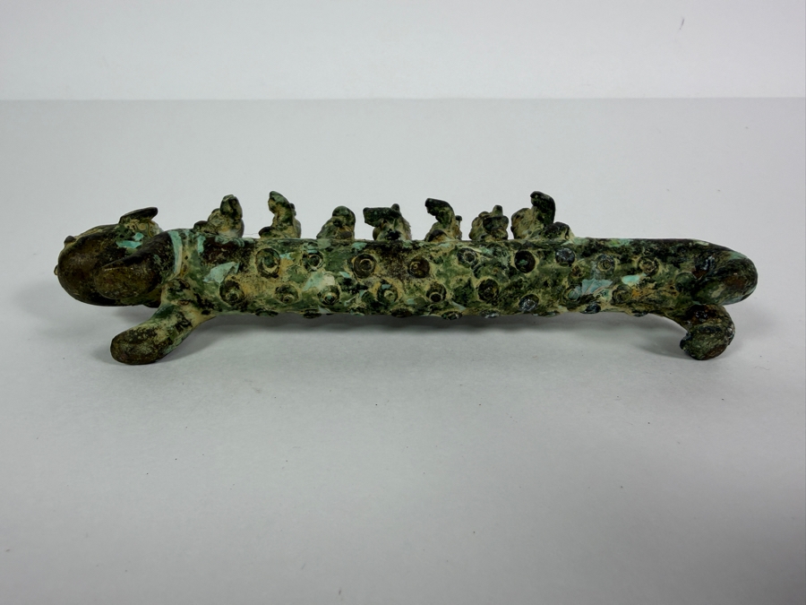 Old Bronze Artifact Sculpture with Multi-Figures Mounting a Mythical Leopard Creature 7W X 2.75H Heavy Weighs 706.1g [Photo 13]