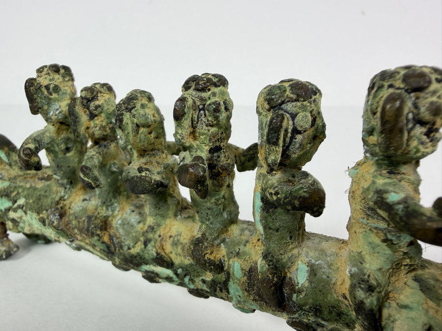 Old Bronze Artifact Sculpture with Multi-Figures Mounting a Mythical Leopard Creature 7W X 2.75H Heavy Weighs 706.1g [Photo 7]