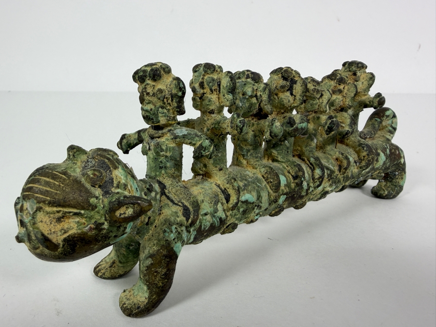 Old Bronze Artifact Sculpture with Multi-Figures Mounting a Mythical Leopard Creature 7W X 2.75H Heavy Weighs 706.1g [Photo 9]