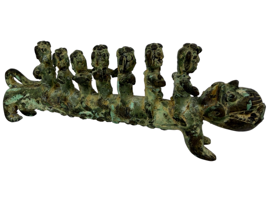 Old Bronze Artifact Sculpture with Multi-Figures Mounting a Mythical Leopard Creature 7W X 2.75H Heavy Weighs 706.1g