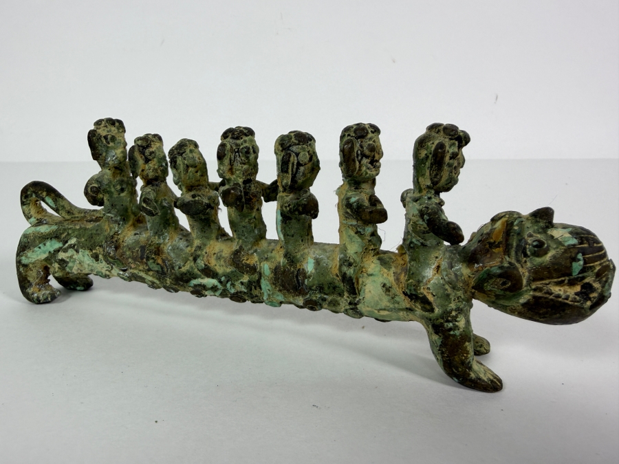 Old Bronze Artifact Sculpture with Multi-Figures Mounting a Mythical Leopard Creature 7W X 2.75H Heavy Weighs 706.1g [Photo 2]