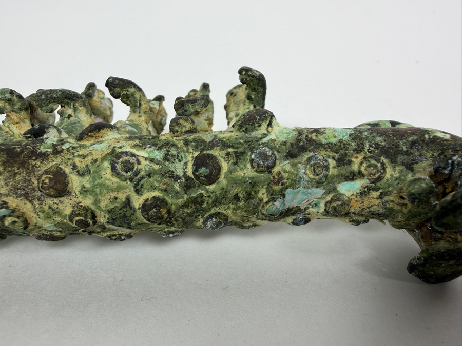 Old Bronze Artifact Sculpture with Multi-Figures Mounting a Mythical Leopard Creature 7W X 2.75H Heavy Weighs 706.1g [Photo 15]