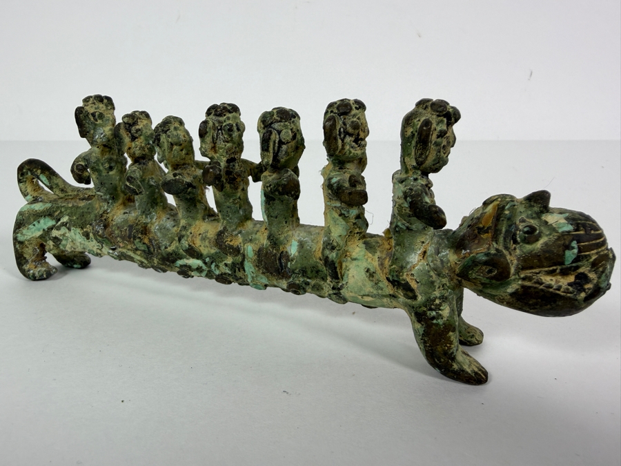 Old Bronze Artifact Sculpture with Multi-Figures Mounting a Mythical Leopard Creature 7W X 2.75H Heavy Weighs 706.1g [Photo 4]