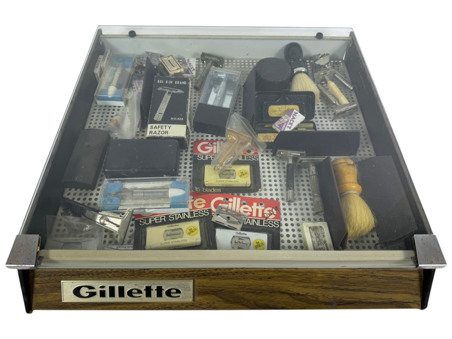 Vintage 1950s Gillette Brand Countertop Store Display Case Filled with Vintage Razors and Shaving Supplies - See Photos 19W X 18D X 3H