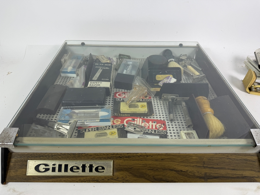 Vintage 1950s Gillette Brand Countertop Store Display Case Filled with Vintage Razors and Shaving Supplies - See Photos 19W X 18D X 3H [Photo 2]
