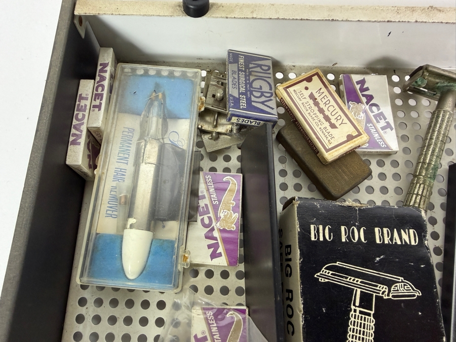 Vintage 1950s Gillette Brand Countertop Store Display Case Filled with Vintage Razors and Shaving Supplies - See Photos 19W X 18D X 3H [Photo 11]