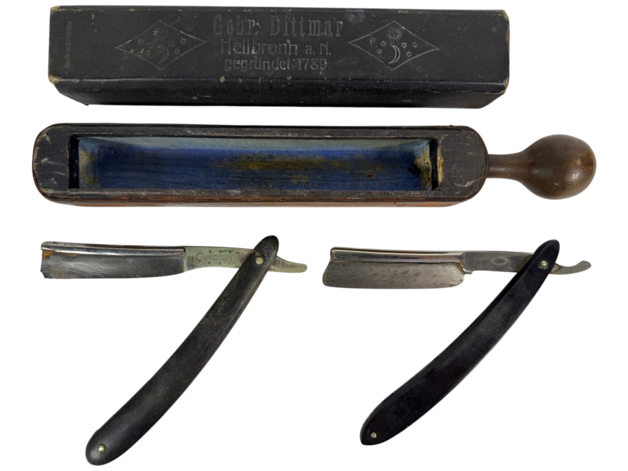 Vintage Pair of Gebruder Dittmar in Heilbronn, Germany Straight Razors with Case