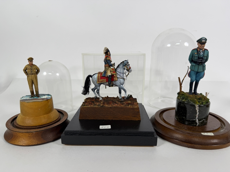 (3) Hand-painted Metal Military Figures With Protective Domes