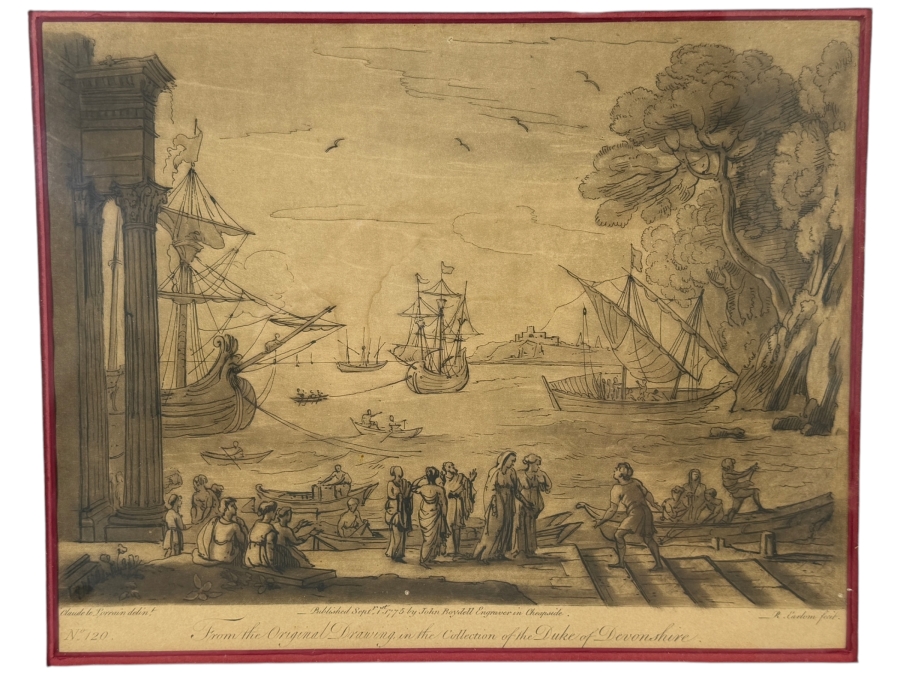Antique Etching and Mezzotint Print Titled 'Harbour View with Embarkation of Saint Paula' Engraved by Richard Earlom After a Drawing by Claude Lorrain Published in 1775 10 X 8 Framed 18.5 X 14.5