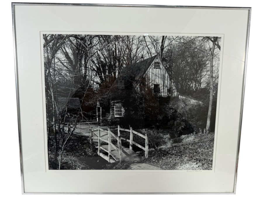 Richard 'Dick' Keesling B&W Photograph Titled 'Old Log Cabin Wooden Footbridge' Signed Richard Keesling 20 X 16 Framed 26 X 22