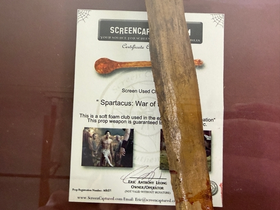 Screen Used Movie Prop Club Used In Filming Spartacus: War Of The Damned With Cert Shadowbox Framed 19.5W X 24.5H X 3D [Photo 6]