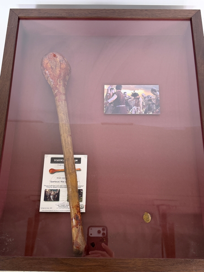 Screen Used Movie Prop Club Used In Filming Spartacus: War Of The Damned With Cert Shadowbox Framed 19.5W X 24.5H X 3D [Photo 2]