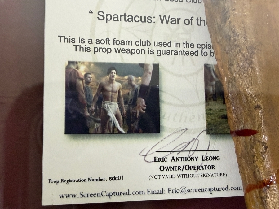 Screen Used Movie Prop Club Used In Filming Spartacus: War Of The Damned With Cert Shadowbox Framed 19.5W X 24.5H X 3D [Photo 7]