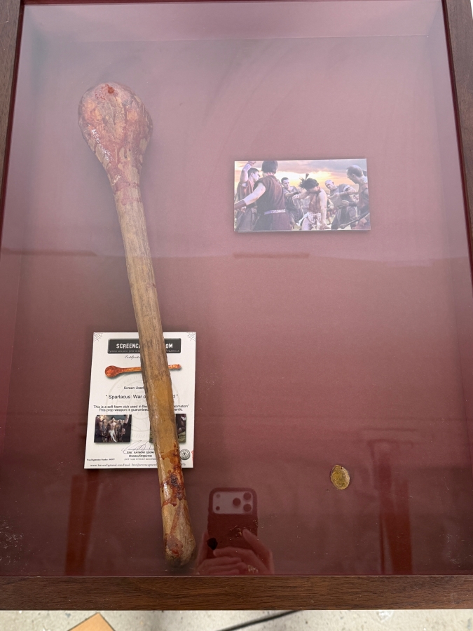 Screen Used Movie Prop Club Used In Filming Spartacus: War Of The Damned With Cert Shadowbox Framed 19.5W X 24.5H X 3D