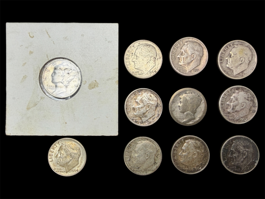 (9) US Silver Roosevelt Dimes and (2) US Silver Mercury Dimes