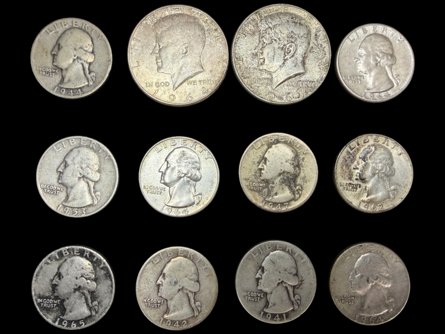 (10) US Silver Washington Quarters and (2) US Silver Kennedy Half Dollars