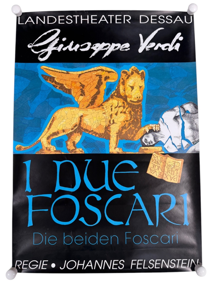 Vintage German Opera Poster for Giuseppe Verdi's Opera I Due Foscari at the Landestheater Dessau 23 X 33