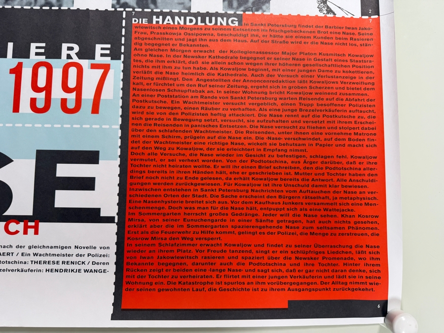 Vintage 1997 German Opera Poster for Shostakovich's Opera 'Die Nase' at the Leipzig Opera 39.5 X 27.5 [Photo 7]