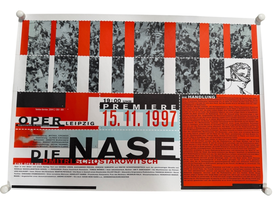 Vintage 1997 German Opera Poster for Shostakovich's Opera 'Die Nase' at the Leipzig Opera 39.5 X 27.5