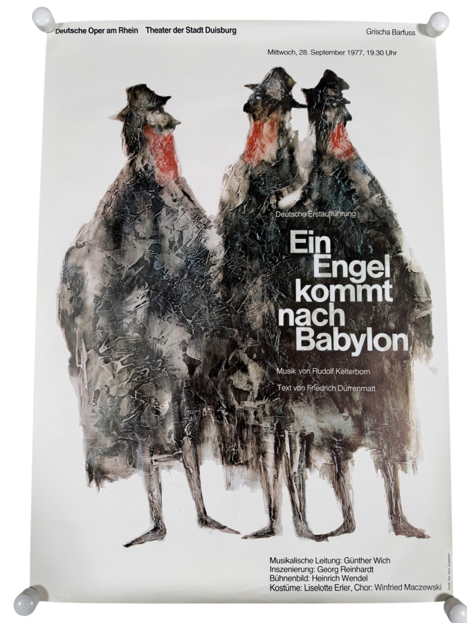 Vintage Theatrical Poster for the Deutsche Erstaufführung (German Premiere) of 'Ein Engel Kommt Nach Babylon' by Friedrich Durrenmatt 23 X 33