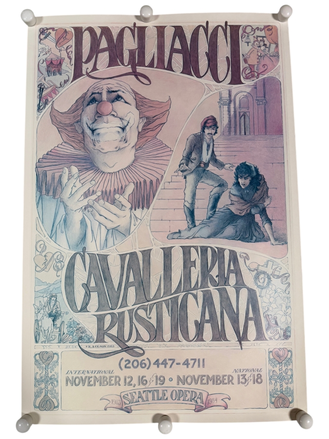 Vintage Poster for a Seattle Opera Production of Pagliacci and Cavalleria Rusticana Illustrated by Artist Harold Laxton 24 X 36