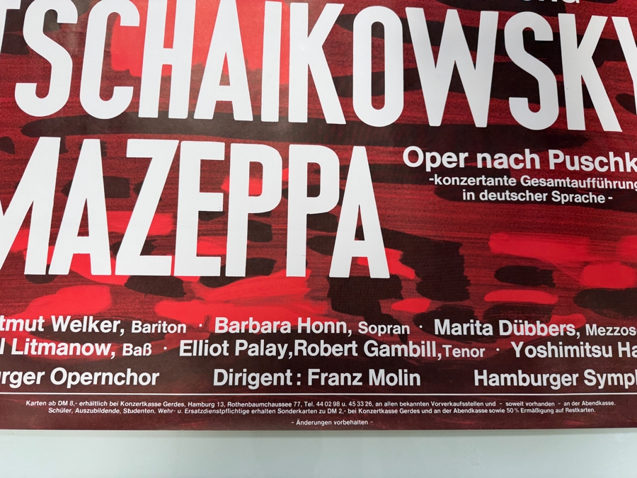 Vintage 1978 Poster for the Premiere of Tchaikovsky's Opera 'Mazeppa' in Hamburg, Germany 33 X 23 [Photo 2]