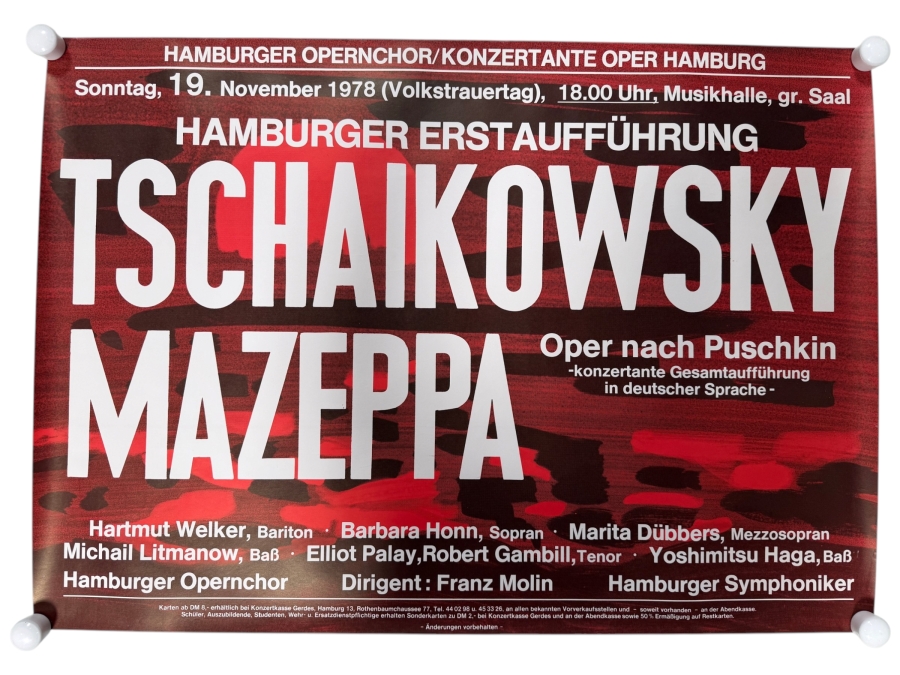 Vintage 1978 Poster for the Premiere of Tchaikovsky's Opera 'Mazeppa' in Hamburg, Germany 33 X 23