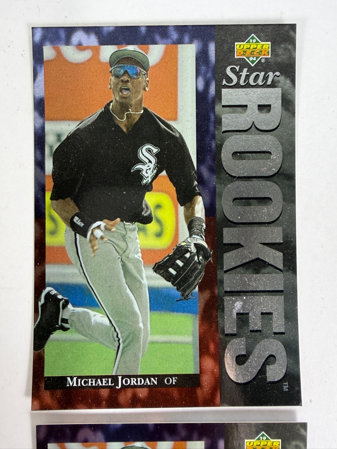 Candid Photograph of Michael Jordan Posing with Fan 8 X 10 and (2) Limited Edition 1994 Upper Deck Michael Jordan Baseball Rookie Cards [Photo 3]