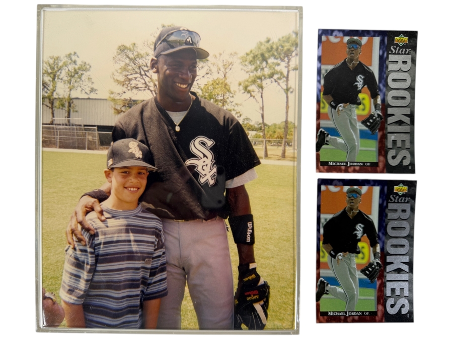 Candid Photograph of Michael Jordan Posing with Fan 8 X 10 and (2) Limited Edition 1994 Upper Deck Michael Jordan Baseball Rookie Cards
