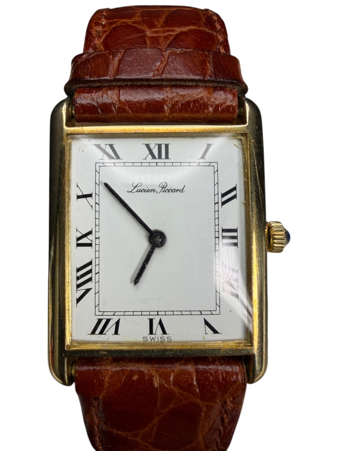 14k Gold Lucien Piccard Men's Vintage Tank Watch with Brown Leather Strap 28.5g