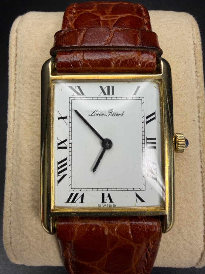 14k Gold Lucien Piccard Men's Vintage Tank Watch with Brown Leather Strap 28.5g [Photo 2]