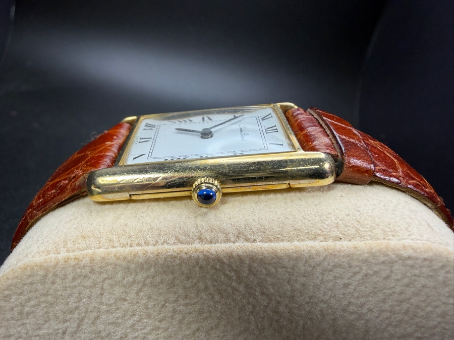 14k Gold Lucien Piccard Men's Vintage Tank Watch with Brown Leather Strap 28.5g [Photo 4]
