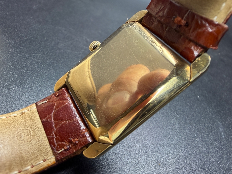 14k Gold Lucien Piccard Men's Vintage Tank Watch with Brown Leather Strap 28.5g [Photo 5]