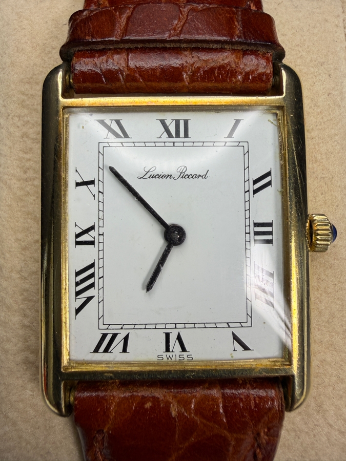 14k Gold Lucien Piccard Men's Vintage Tank Watch with Brown Leather Strap 28.5g [Photo 3]