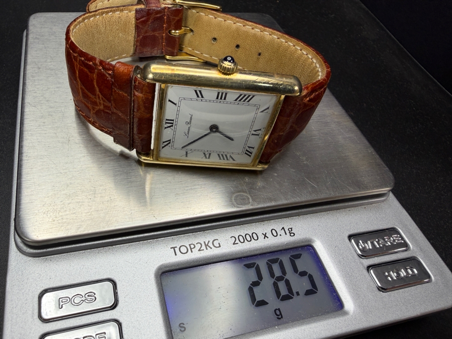 14k Gold Lucien Piccard Men's Vintage Tank Watch with Brown Leather Strap 28.5g [Photo 9]