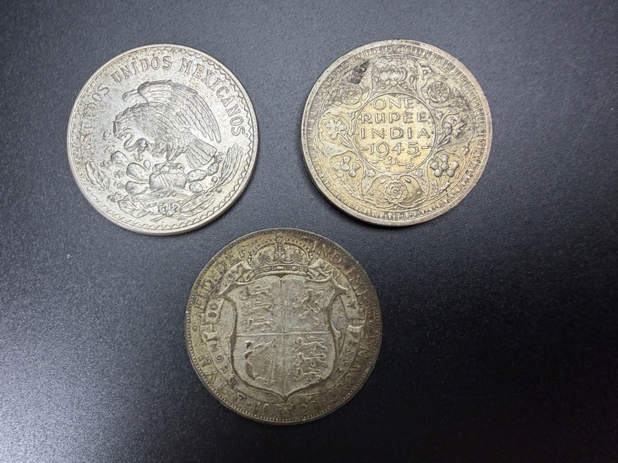 1948 Mexican Peso Silver Coin, 1945 British India One Rupee Silver Coin and 1923 Great Britain Half Crown Silver Coin [Photo 5]
