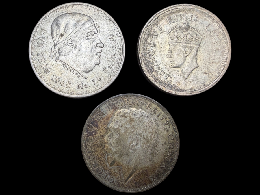 1948 Mexican Peso Silver Coin, 1945 British India One Rupee Silver Coin and 1923 Great Britain Half Crown Silver Coin