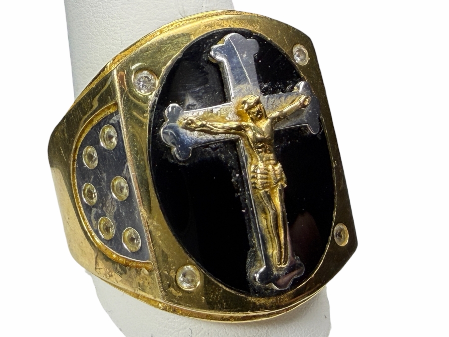 Vintage Sterling Silver Men Crucifix Shield Ring Featuring Carved Black Onyx Inlay And CZ Accents Signed BSI Size 12.25 14.2g