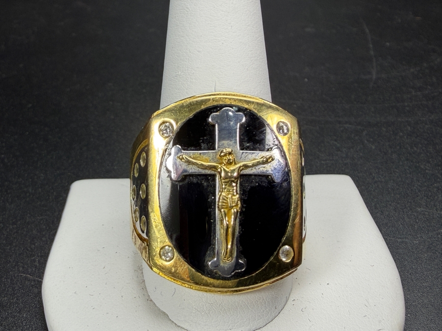 Vintage Sterling Silver Men Crucifix Shield Ring Featuring Carved Black Onyx Inlay And CZ Accents Signed BSI Size 12.25 14.2g [Photo 2]