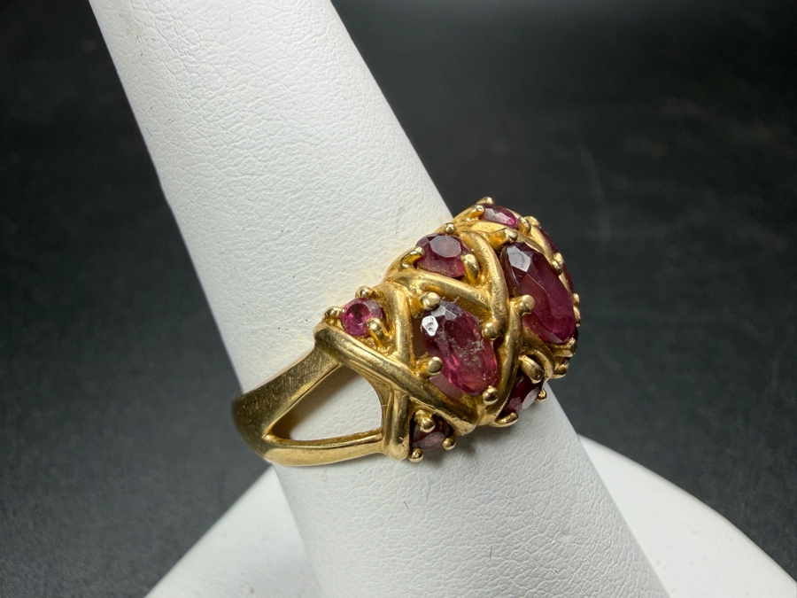 Vintage 14K Yellow Gold Lattice Basketweave X Motif Multi Stone Oval Cut Rhodolite Garnet Statement Ring Signed JBNI Size 7.5 4.3g [Photo 5]