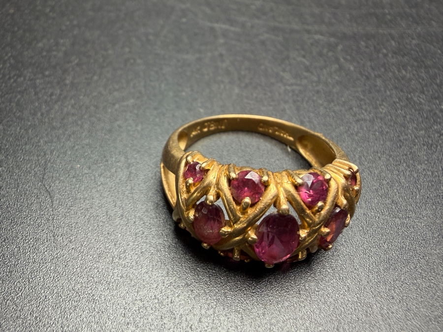 Vintage 14K Yellow Gold Lattice Basketweave X Motif Multi Stone Oval Cut Rhodolite Garnet Statement Ring Signed JBNI Size 7.5 4.3g [Photo 8]