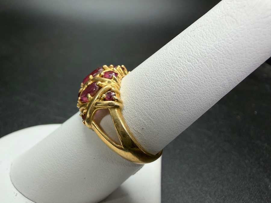 Vintage 14K Yellow Gold Lattice Basketweave X Motif Multi Stone Oval Cut Rhodolite Garnet Statement Ring Signed JBNI Size 7.5 4.3g [Photo 7]